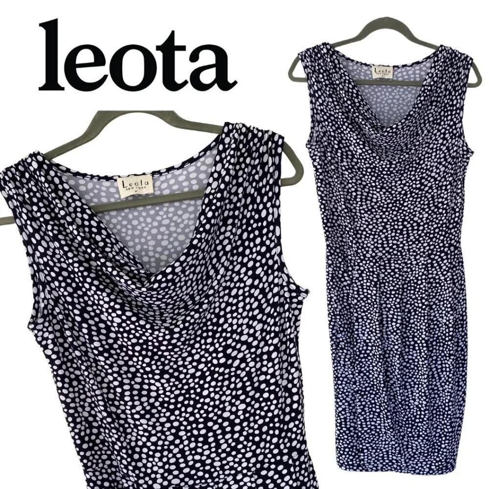 Leota, Polka Dot‎ Cowl Neck Sleeveless Dress, Navy, White, Blue